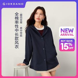 Giordano Beau Monde Women Cotton cinch waist hooded trench coat Free Shipping 13376787