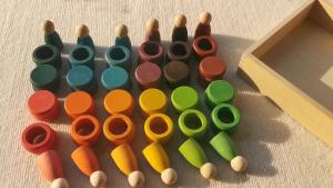 Kids Wooden Toys Beech Rainbow Coins and Rings Stacking Blocks with Peg Dolls Loose Parts.
