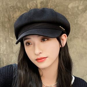 SMVU ลำลองแบบสบายๆ สง่างามเรียบหรู สีทึบทึบ สไตล์เกาหลีแบบ หมวกสำหรับศิลปิน สำหรับผู้หญิง หมวกทรงแปดเหลี่ยม หมวก visors ผู้หญิง หมวกสำหรับจิตรกร หมวกเบเร่ต์ขนสัตว์