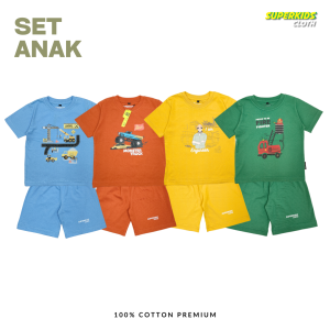 SUPERKIDSCLOTH Setelan Anak Laki Laki Sablon Mobil Eskavator Engineer Pemadam Lucu | Kaos Anak Laki Laki dan Celana Umur 1 - 11 Tahun