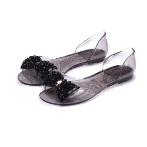 Free Shipping New Transparent Sandals For Women Summer Flat Jelly Shoes Glass Rhinestone Bow Fashion Shoes Plastic Peep-Toe Shoes