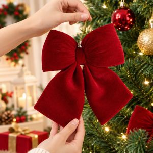 Wonderful Days Velvet Christmas Bow Ornament Burgundy Red Hanging Bow Tie Tree Wreath Stair Railing Gift Decor