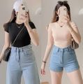 BASIC Double Lining Full Length Top Short sleeve Basic Plain T Shirts Top for women Cotton Spandex Slim Fit Body Hugging T-shirt Top XS-S free size. 