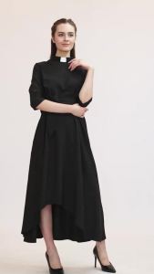 XinNgo Church Clergy Womens Dress With Tab Collar For Priest Pastor Minister Asymmetrical