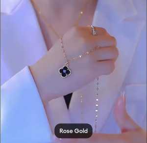 Kalung Wanita Clover Mata Hitam Titanium Asli ori Anti Karat Luntur