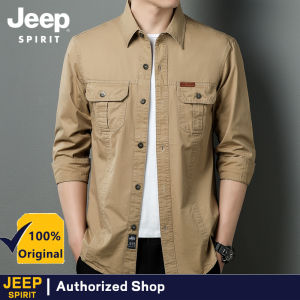 Jeep Spirit Mens Loose Long Sleeve Shirt Mens Washed Cotton Multi-bag Tooling Business Casual Shirt