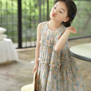 Girls floral dress 2024 summer new childrens vest cotton girl suspender fairy