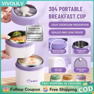 VIVOLILV 【2-3 Days Delivery】680ML 2 Layer Soup Bentgo Lunch Box Portable Breakfast Cup With Lid And Spoon Thermal 304 Stainless Steel Insulated Lunch Box With Bag