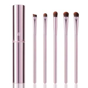 5Pcs Eye Makeup Brush Set Portable Eyeshadow Brushes for Travel Pink Case. Round Shading shadow eyeliner concealer smudge angled eyebrow brush travel makeup artist for beginner and holiday gift