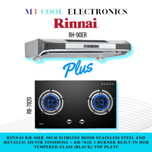 RINNAI RH-90ER 90CM SLIMLINE HOOD + RB-783G 3 BURNER BUILT-IN HOB TEMPERED GLASS (BLACK) TOP PLATE BUNDLE DEAL!
