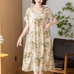 Plus Size Floral Dress Cover StomachLoose Mid Dress Women CasualLoose Retro Print Long Dress 4007