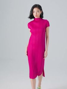 7876 One Size (45-75kg) Sanzhai Summer Elegant Slimming Short Sleeve Pleated Half Turtleneck A-Line Dress