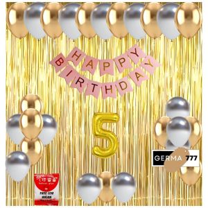 Paket Set Dekorasi Backdrop Pesta Balon Ulang Tahun Anak Banner Happy Birthday Pink Tirai Gold