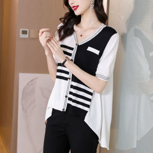 New Ice Silk Knit Shirt Female Summer Clothes Large Size Fashion V-neck Design Short-sleeved Top Thin Section