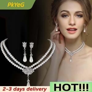 PkYeG Elegant Simulated-pearl Bridal Jewelry Sets Rhinestone Pearl Drop Necklace+Earrings Wedding Jewelry Gift
