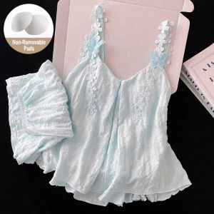 UNINICE Korean Style Cloudy Cotton Pajama with Chest Pads Floral Sleeveless Sleepwear for Women