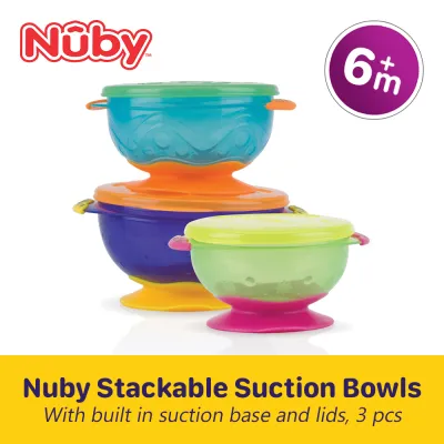 Nuby 6m+ Stackable Suction Baby Bowls with Lids 3-pack