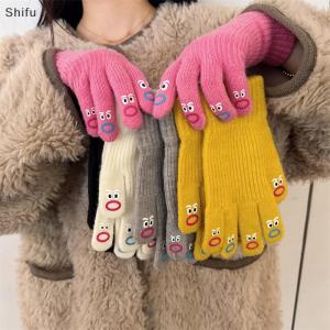 [ShiFu] 1 Pair Womens Funny Facial Expression Knitted Gloves Full Finger Gloves Soft Crochet Mittens Cartoon Expression Driving Glove