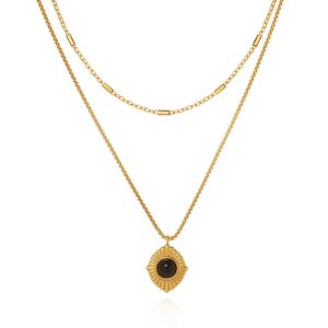 2 Layers Black Onyx Pendant Chain Necklace • Waterproof Non Tarnish • 18K Gold Plated 316L Stainless Titanium Steel Fashion Necklaces Women NL297 NL300