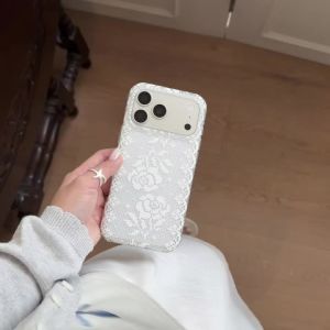 Cute Lace Rose Phone Case for iPhone 15 16 17 Pro Max Clear Shockproof Cover Aesthetic Kawaii Floral Case Girls