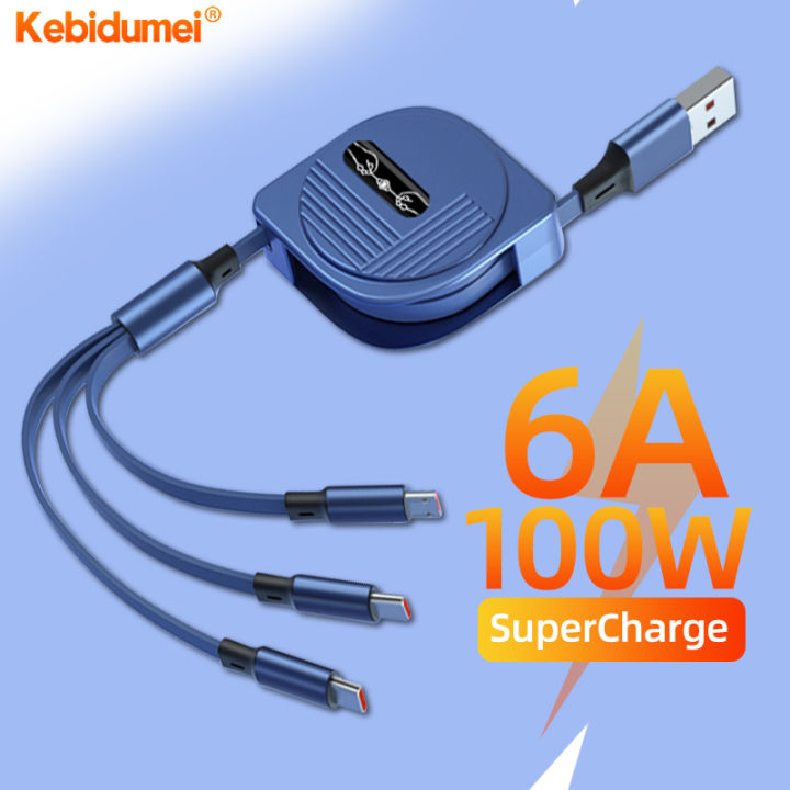 Kebidumei 6A 100W Fast Charging Cord 3 In 1 Retractable Micro USB Type ...