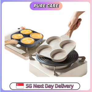 【Pure Care】 Maifan Stone 4-Hole Non-Stick Egg Burger Pan | Fast Heat Conducting |Wooden Handle
