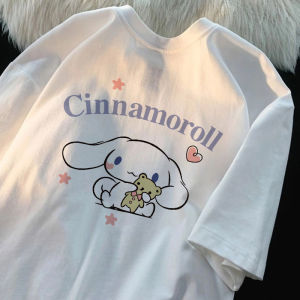 100% Cotton Sweet Cartoon Womens Round Neck Short Sleeved T-shirt Casual Cinnamoroll Printing Loose and Thin Summer Clothing