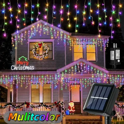 9M Solar Christmas icicle lights LED curtain light for outdoor waterproof Chrismas light string light meteor shower waterfall fairy light birthday newyear wedding home party decor garden eaves music dinningroom warm festival holiday romantic