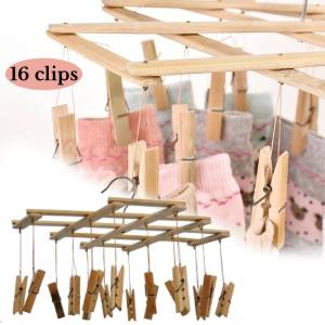 16 Clips Bamboo Folding Hangers Clothespins Socks and Underwear Hangers