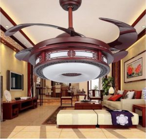Quạt trần trang trí bầu đèn bằng gỗ lim tự nhiên giấu cánh khi tắt có điều khiển từ xa 6 số và hẹn giờ động cơ DC tiết kiệm điện