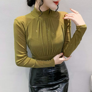 REHIN เสื้อผ้าหญิงรุ่นใหม่ คอสูง เลื่อม แขนยาว เสื้อยืดเข้ารูป ซับในผ้าเมช สไตล์แฟชั่นทันสมัย