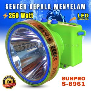 Senter Selam 260 Watt Headlamp Sunpro S-8961 Super Terang Cahaya Putih Baterai Isi Ulang Tahan 16-30 Jam (BONUS KACA MATA SELAM) senter kepala Selam Diving 260 W
