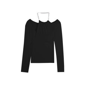 เสื้อแขนยาว สีดำ เปิดไหล่ สายโซ่ เข้ารูป ผ้าสเปนเด็กซ์ ปาร์ตี้ #6915