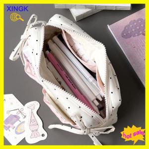 XINGK Cute Polka Dot Bow Pencil Case White With Pink Accessories Large Capacity Zipper Pencil Bag Student Stationery School Supplies
