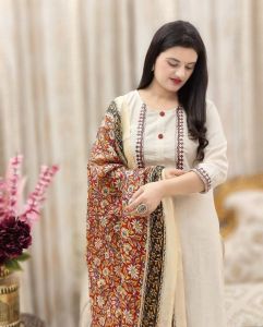 EOs Elegant Ladies Khadi Cotton Kurti Pant Set with Beautiful Embroidery & Printed Dupatta