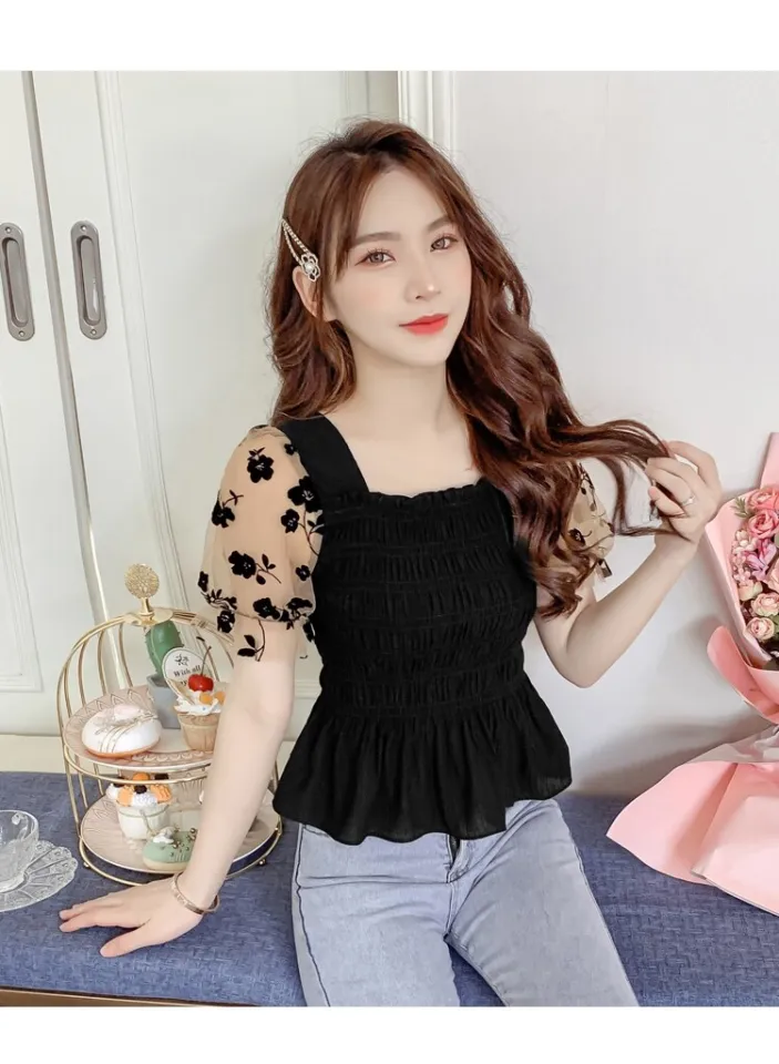 NEW Blouse Women Summer Short Mesh Puff Sleeve Ladies Solid Color