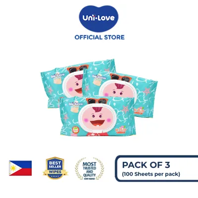 UniLove Baby Wipes Summer Edition (Boy) 100s Pack of 3 - 99% Water| Hypoallergenic | Alcohol Free | No harmful chemicals | with Aloe Vera | Safe & Gentle | FDA Approved