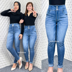 Bellzshop Celana Highwaist Wanita Jeans Skinny Stretch Korean Style Kancing 3 Blue Whisker Jumbo Premium Riri