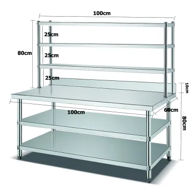 XINHONG รุ่นอัพเกรด โต๊ะสแตนเลส 304 （2 รู พร้อมช่องใส่มีด ）stainless steel table โต๊ะเตรียมอาหาร โต๊ะ 3 ชั้น 120/100CM โต๊ะ ห้องครัว ธุรกิจ