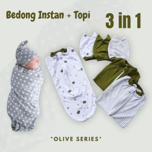 3set Bedong Instan Bayi Newborn Model Resleting Usia 0 3 Bulan Seri Olive Bonus Topi Baby Baru Lahir