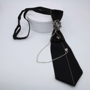 Gothic Fashion Neck Tie with Metal Chain Rhinestones Japanese Pre-Tied Adjustable Necktie Bowtie for Women Uniforms