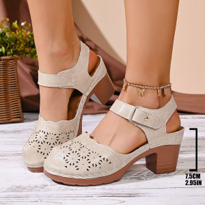 Free Shipping WomenS Summer New Style Block Heel Sandals With A Single-Strap Design Available In Large Sizes Featuring A Hollowed-Out Design And A Perforated Upper In Stock Now