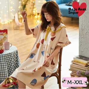 Daster Wanita Remaja Import Kartun Pink Salem Lengan Pendek Rok Wanita Bahan Katun Baju Harian