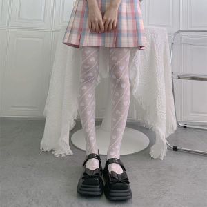 COSE Transparent Heart Long Tights Bowknot Ultra-thin Leggings Women Sweet Lolita JK Mesh Pantyhose Lady