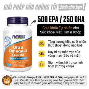 Dầu cá Now Ultra Omega-3 500 EPA/250 DHA hỗ trợ mắt tim khớp ✓ Duy trì làn da khỏe mạnh bằng việc hỗ trợ giảm ảnh hưởng của lão hóa do yếu tố môi trường tác động như ánh nắng mặt trời bụi bẩn.