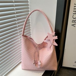 495HS Star Pendant Weave Tote Bag Large Capacity Bucket Bag Silver Shoulder Bag Simple Korean Pu Handbag Girls