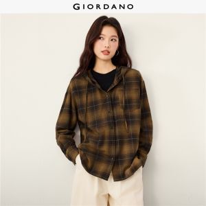 Giordano Beau Monde Women Single pocket long sleeve plaid hooded shirt Free Shipping 13346608
