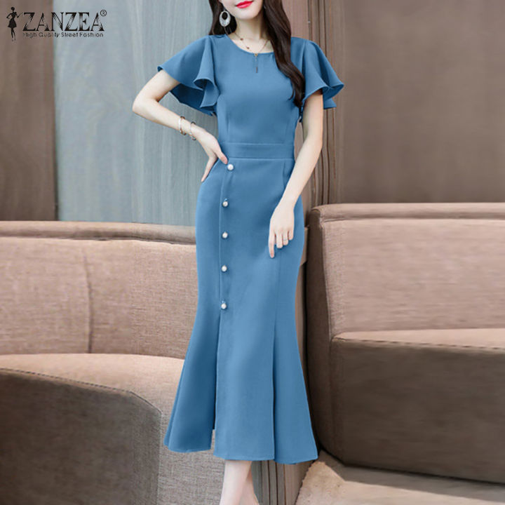 ZANZEA Korean Style Women's Dresses Elegant Ruffle Short Sleeve O Neck ...