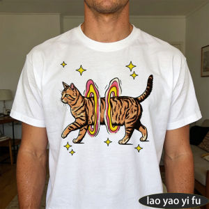 [Local Stock] HBESTY  Trippy Portal Tabby Cat Sparkle Star Cartoon Men Summer Cotton T Shirt Psychedelic Pet Cute Graphic Daily Commute Top