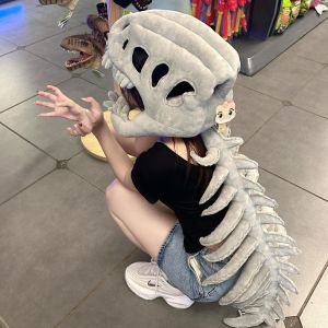 115CM Funny Dinosaur Skeleton Plush Costume Set Cosplay Headgear and Tail Halloween Party Gift